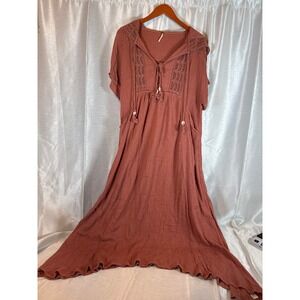 Free People XS Hooded Maxi Dress‎ Crochet Accents Pockets Casual Boho Chic